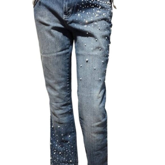 Bisou Bisou Vintage Rhinestone Women's Denim Jeans Blue Fade Size 10 with Chain - Picture 2 of 11